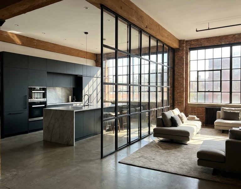 Cerramiento loft de cristal separando cocina y salón, Murcia