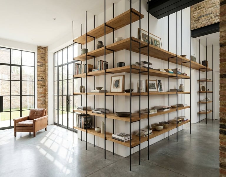 Estantería industrial de acero con libros y decoración, Murcia