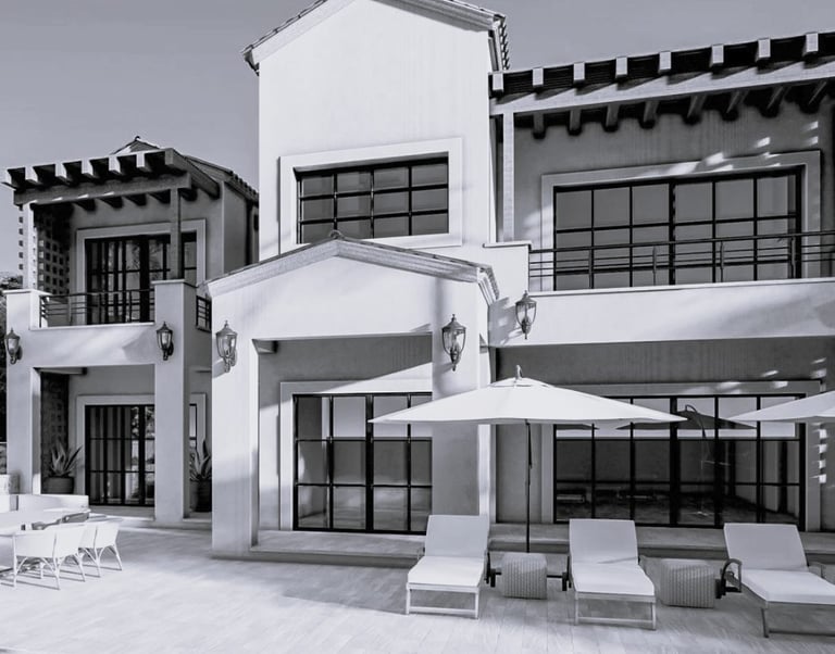 Fachada exterior de vivienda moderna con alberca y terraza, proyecto de CHB Arquitectura en La Paz,