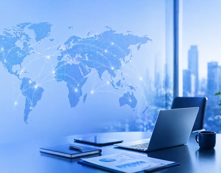 Modern office setup with global business analytics screen representing international market expansion