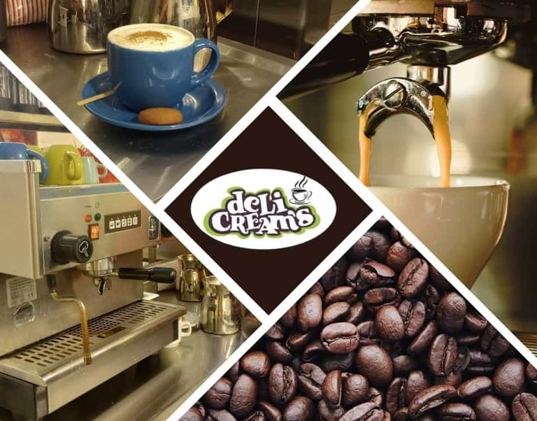 a coffee machine with coffee beans and coffee beans cafetería Delicream’s Coffee