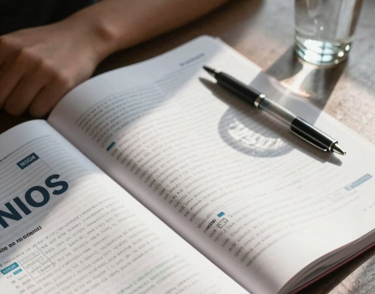 Close-up overhead shot of a student's desk — open NIOS textbook, pen resting on a ruled notebook, a glass of water to the side, daylight from a window casting clean shadows across the page