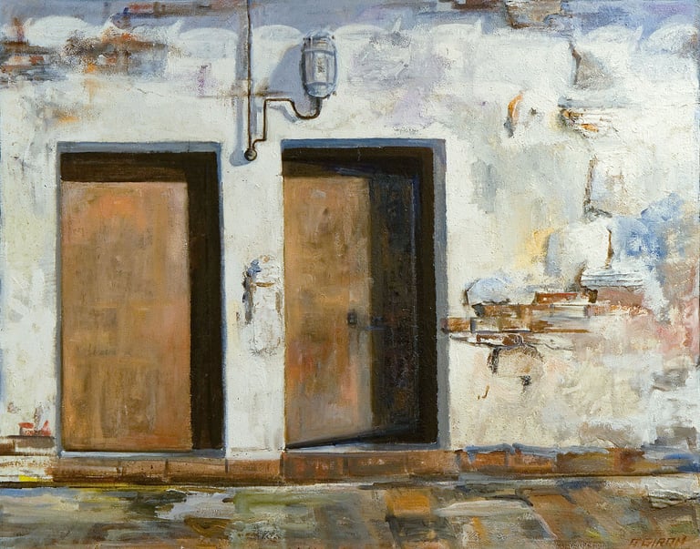 Cal y puertas, óleo del artista pintor Argi Girón. Doors lime walls oil artist painter