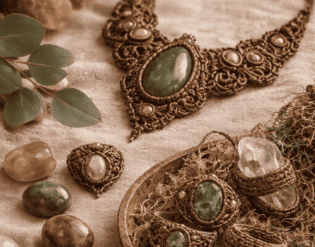 Collar y anillos de macramé hechos a mano con piedras preciosas