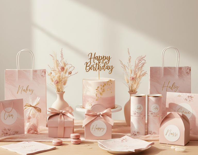Elegant pink and gold birthday cake party table with gift bags, boxes, and macarons.