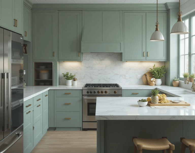 cocina moderna en verde salvia con diseño elegante y equilibrado