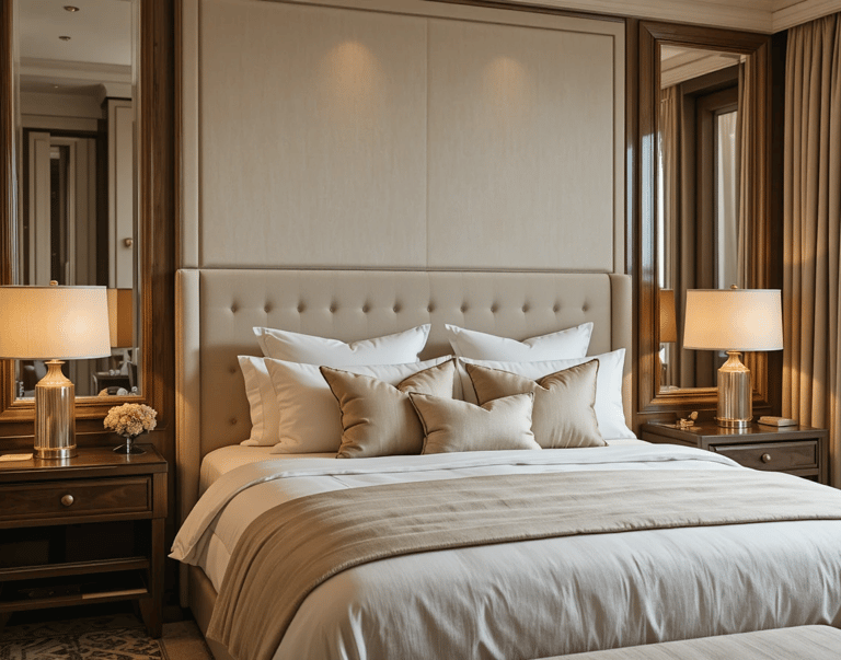 Dormitorio moderno estilo hotel boutique con ropa de cama neutra, iluminación cálida y diseño simétr