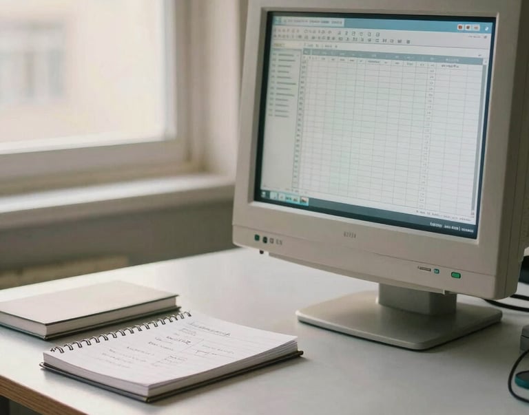 Wide environmental shot of a tidy desk with an early-2000s CRT monitor showing a spreadsheet grid, a spiral notebook with handwritten formula notes beside it, warm morning window light, slightly warm film tone, no people