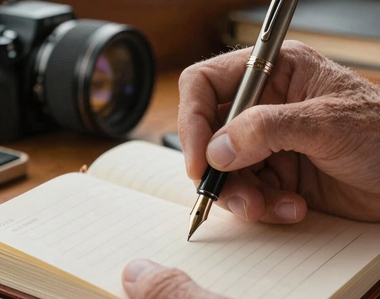 A close-up photograph of a seasoned hand holding an old fountain pen, writing in a leather-bound journal. The background is a soft-focus wooden interior, suggesting a North American coastal cabin or boat interior.