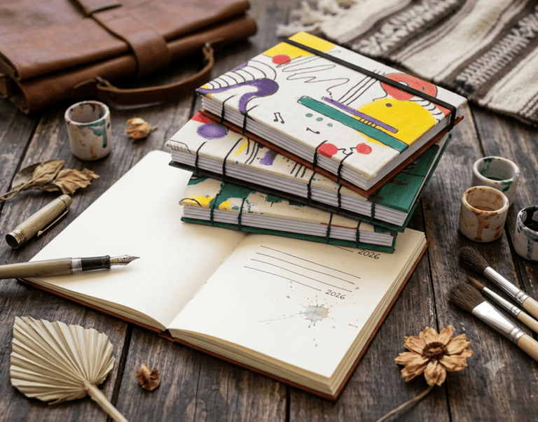 Pila de cuadernos artísticos encuadernados a mano y coloridos con pinceles y pluma estilográfica 
