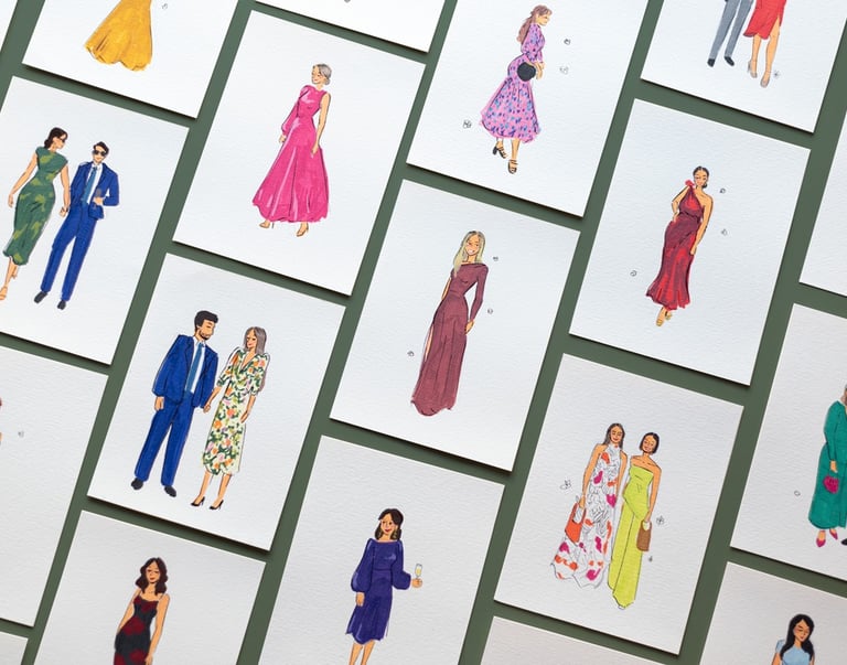 Composición ordenada de retratos de invitados en rotulador acrílico con colores vibrantes sobre fondo oscuro