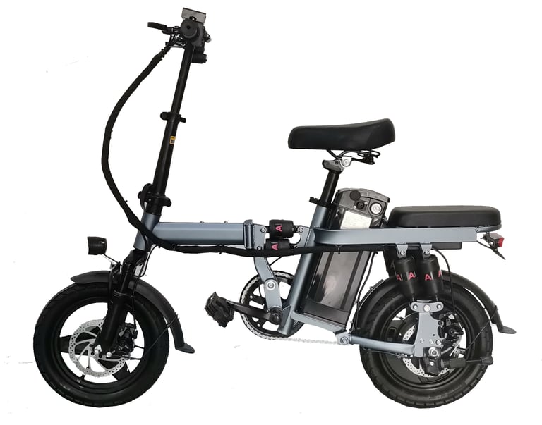 a black and white electric bike with a black seat