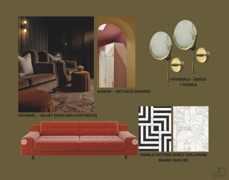 Art house cinema inspired moodboard for a front room