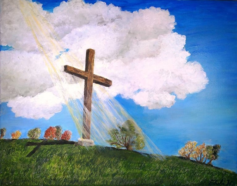 a painting of a cross on a hill with a ray shining on it