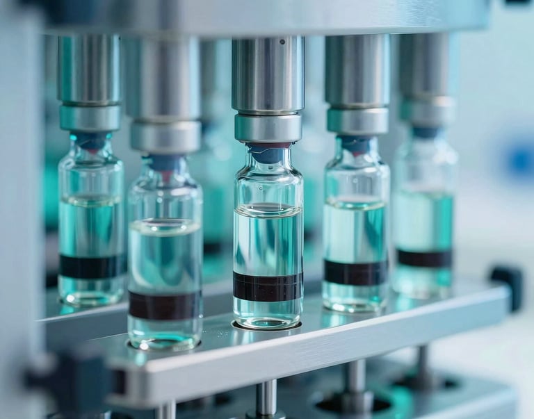 Macro close-up of a sterile automated liquid filling line with cool teal backlighting, sharp focus on glass vials, pharmaceutical manufacturing precision.