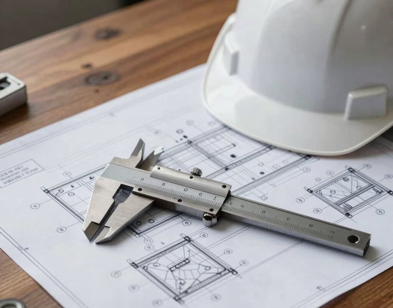 A detailed close-up of a technical engineering blueprint laid out on a wooden desk next to a pair of stainless steel calipers and a white hard hat. The lighting is soft and focused, emphasizing precision and professionalism in a Global Professional setting.