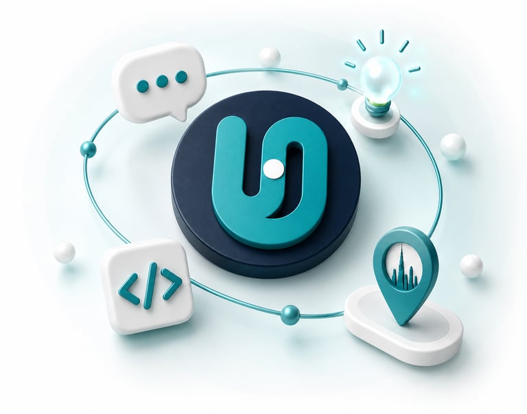 3D Unitlogi illustration linking broker conversations, a product idea, software development and the company’s Dubai origins.