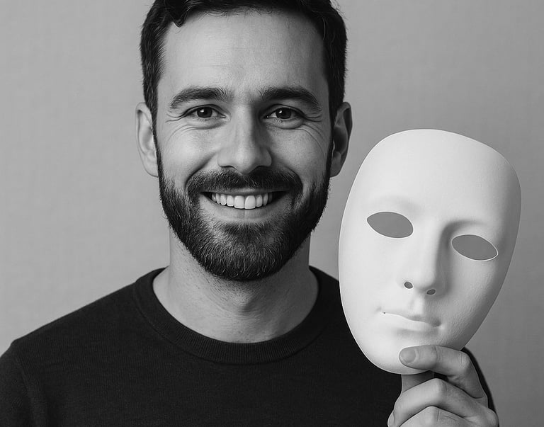 a man holding a mask with a mask on it