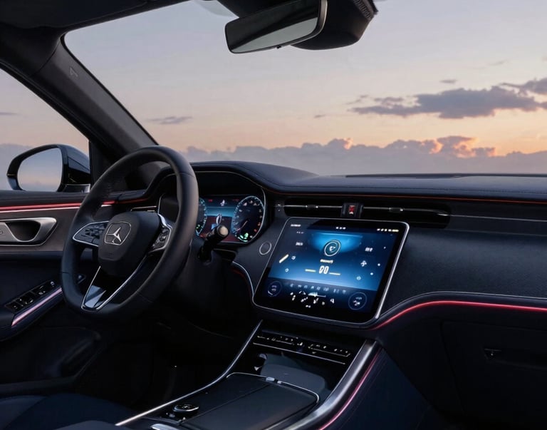A professional wide shot of a luxury car interior at twilight, highlighting the glowing digital center console in Deep Navy and Soft Cloud lighting.