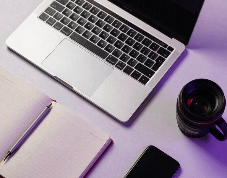 A top-down view of a modern desk with a laptop, a notebook, and a smartphone, neatly organized on a light purple surface in a professional Pakistani creative studio.