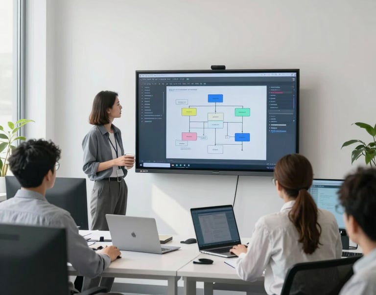A bright, modern office space with professional developers collaborating around a large screen showing software architecture. Soft morning light, minimal corporate decor, clean white walls. Global / English-speaking.