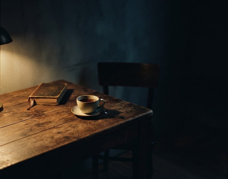 Cinematic low-key photography of a quiet minimalist room at night, soft golden light cutting through shadows onto a wooden table, 35mm film grain, generous negative space