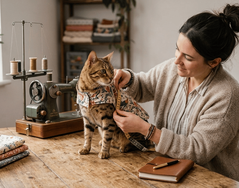 Diseño artesanal: Tomando medidas a gato para ropa de mascota a medida.
