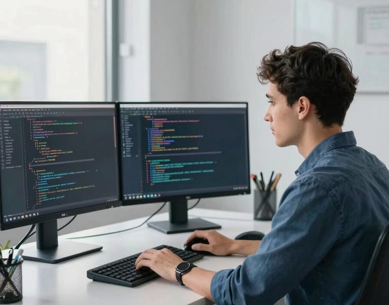 A professional software engineer in a bright, modern North American office focusing on a complex coding task. The setup includes multiple monitors showing lines of code, a ergonomic chair, and minimalist decor in light gray and dark blue.