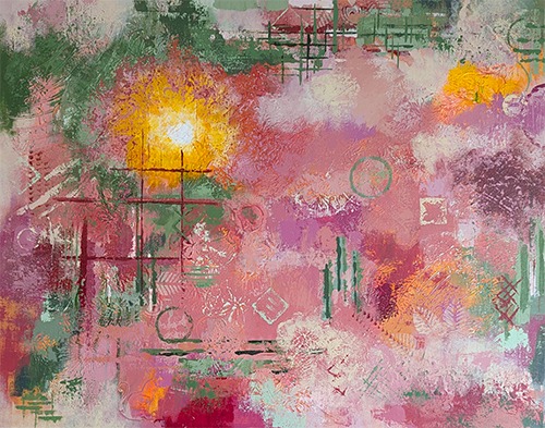abstract in a variety of pink, coral, yellow, orange, green, and cream