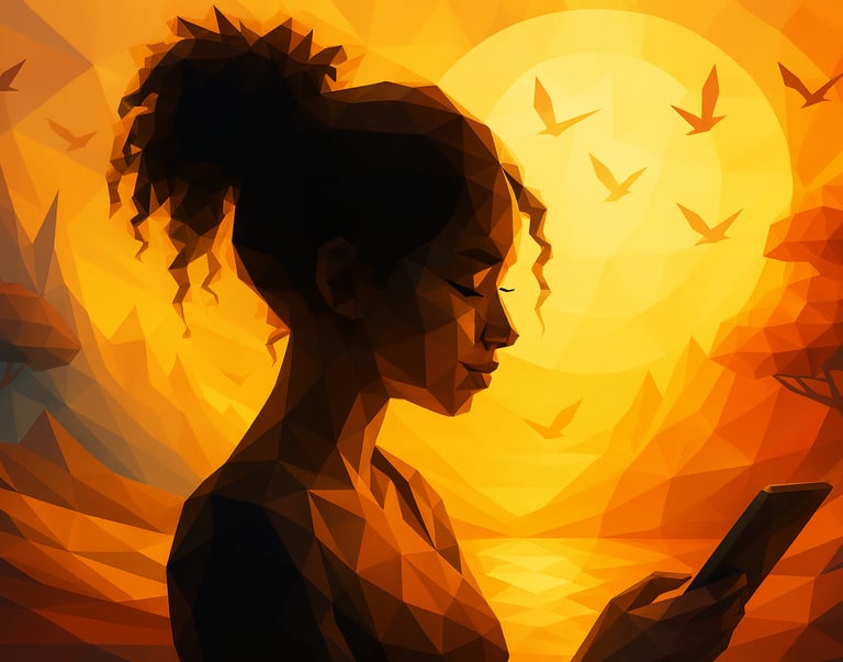 UNe jeune fille qui regarde un écran ambiance couché de soleil
