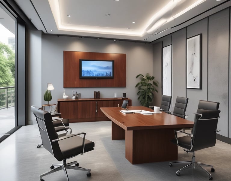 A tall residential building with numerous balconies and windows. Below are street lights, flags, and other buildings, including palm trees in the background. A blue sign reads 'Larsen & Toubro,' adjacent to the main structure.