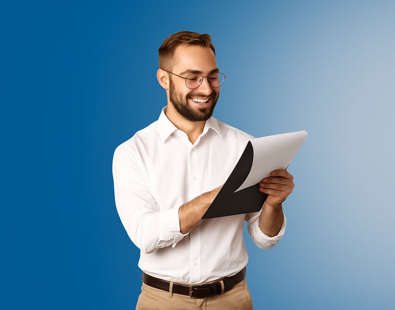 Homem sorrindo segurando prancheta com documentos.