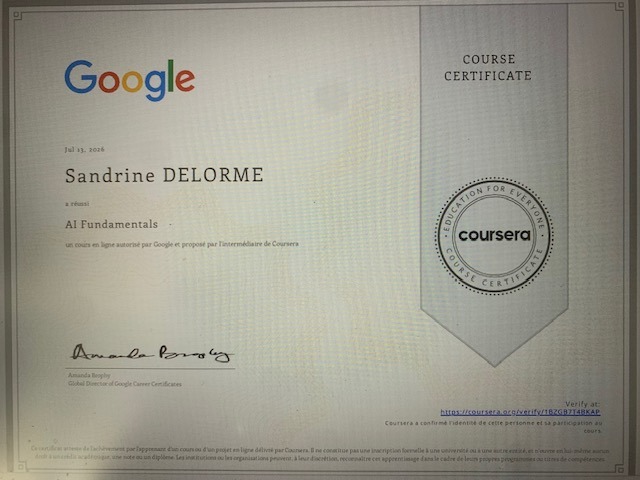 Certificat Professionnel Google IA accordé à Sandrine DELORME