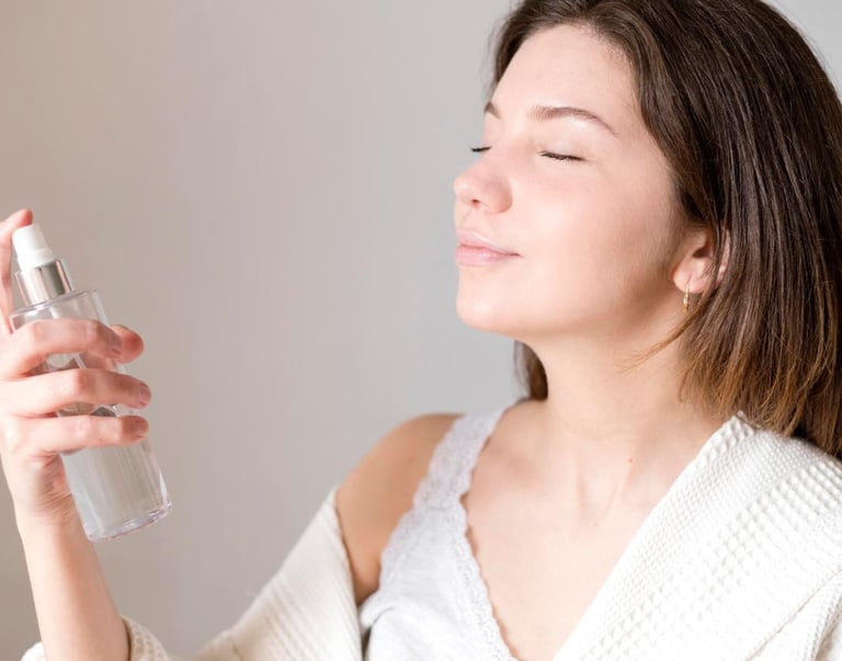 Mulher borrifando água micelar no rosto
