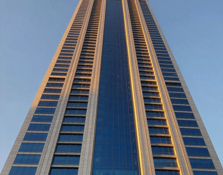 Low-angle heroic shot of a modern skyscraper facade in Riyadh under crisp golden hour sunlight, highlighting heavy steel and glass structural lines, editorial architectural photography, 35mm lens