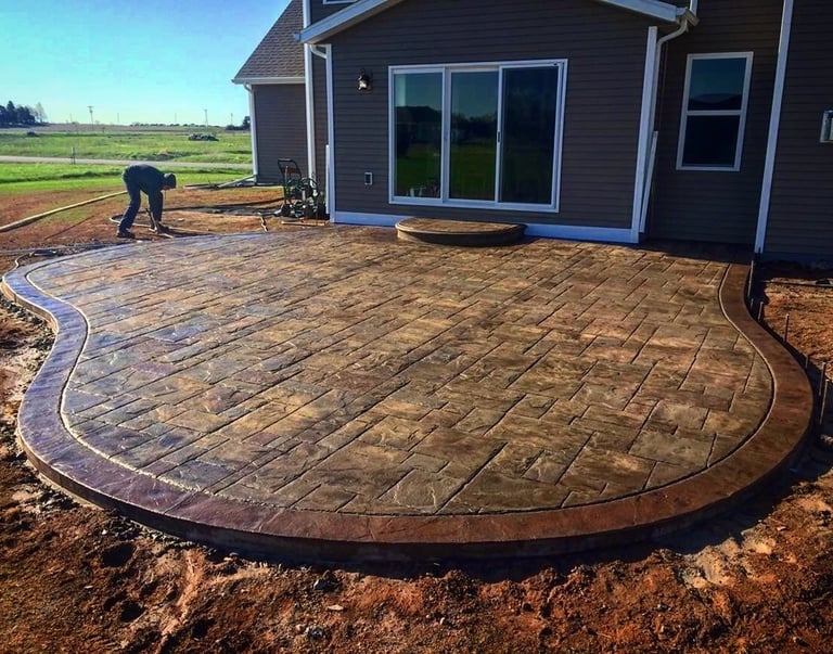 a patio with a brick patio with a brick patio