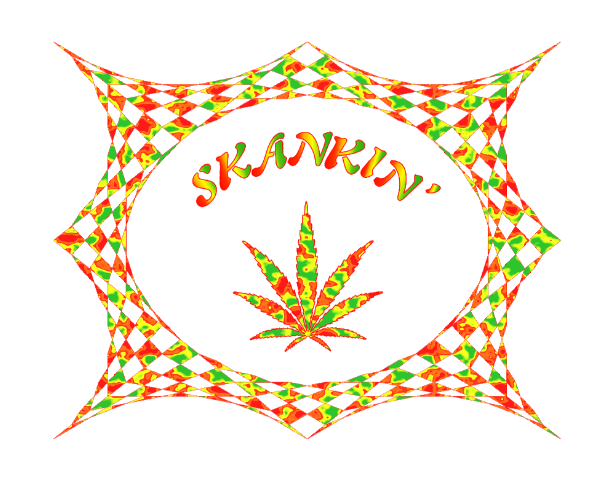 Colorful Skankin' reggae graphic Rasta cannabis leaf and geometric frame.