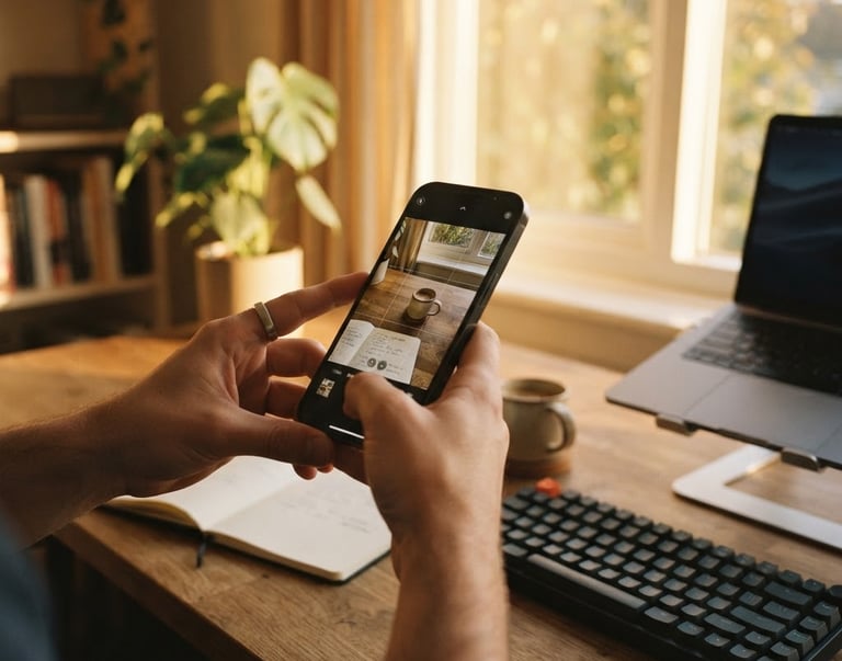 Close-up of a creator's hands filming a minimalist workspace setup with an iPhone, warm golden-hour light streaming through a window, shallow depth of field, 35mm film aesthetic.
