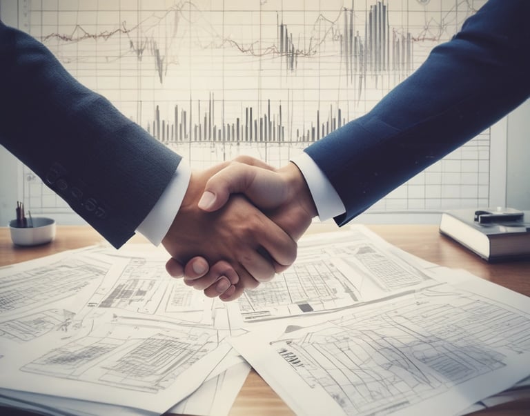 Close-up of hands organizing licitation papers with a laptop in the background.