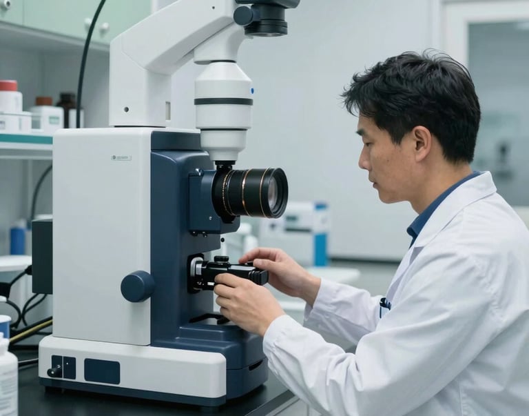 A clean, modern North American / US medical laboratory with advanced diagnostic equipment and deep navy surfaces. A professional technician in a white coat is working in a bright, sterile environment with sage green accents.