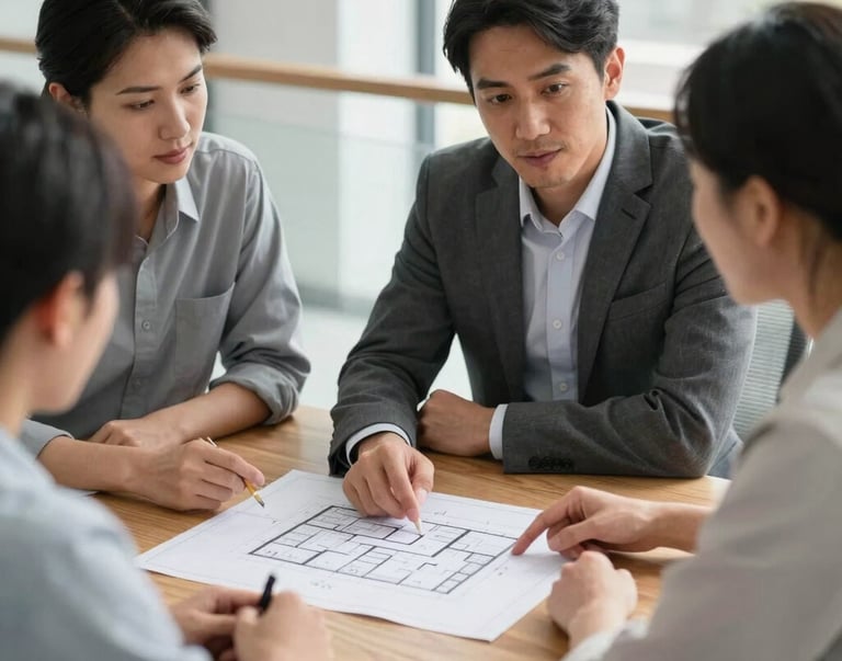 A professional real estate consultation in a bright, modern office. An agent and clients are reviewing architectural plans on a wooden table, emphasizing a trustworthy and approachable partnership.