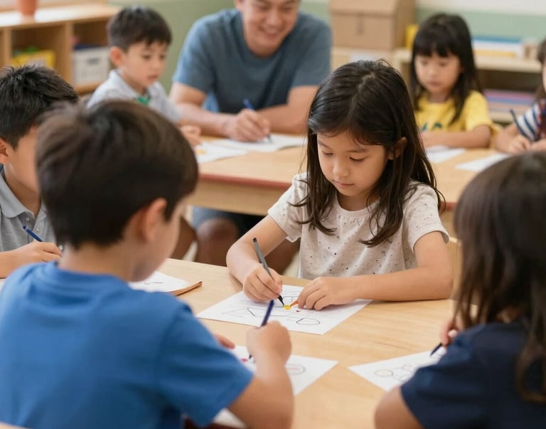 A warm, bright photo of a smiling female early educator helping a diverse group of toddlers stack colorful wooden gears on a low table, natural window light