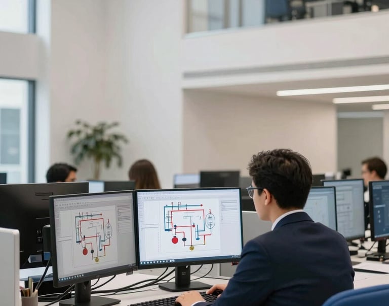 A professional engineering office setting in a modern building. A technical workstation shows fire suppression system diagrams on multiple monitors. The atmosphere is bright with off-white walls and accents of steel blue furniture. Professional attire reflects a high-end corporate environment in a contemporary Turkish business district.