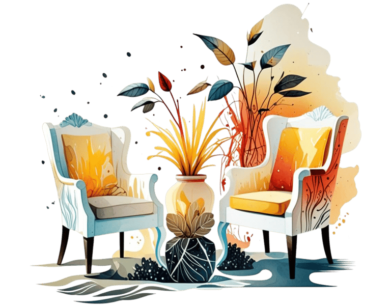 a chair with a chair and a chair with a plant in it