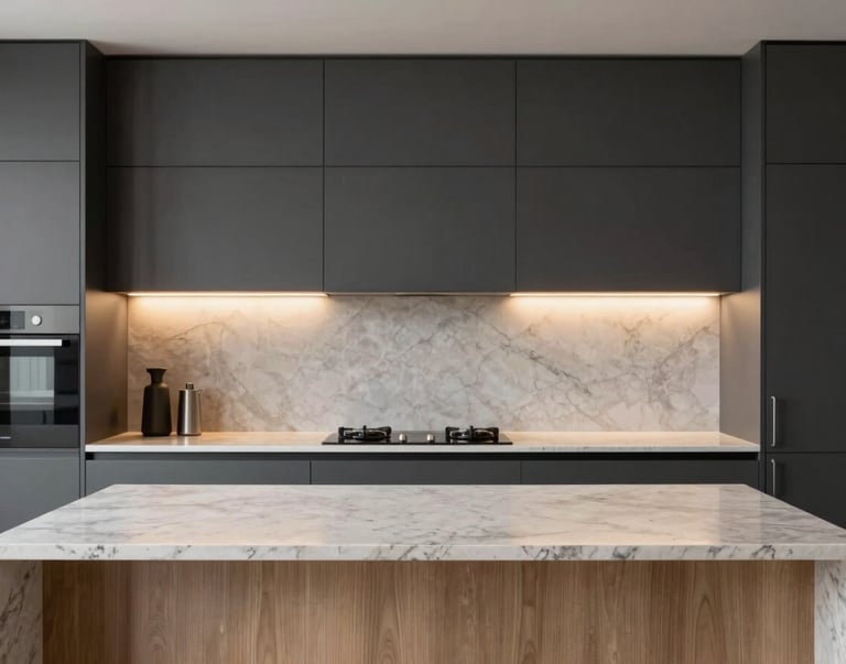 Straight-on architectural photograph of a modern kitchen with matte charcoal cabinetry, warm integrated LED under-cabinet lighting, and a seamless quartz countertop meeting veneer panels.