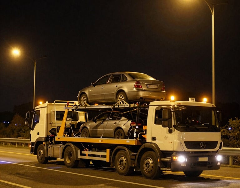 High-contrast night shot under yellow sodium highway lights of a professional tilt-bed tow truck loading a passenger car on the Balıkesir highway corridor, steel cables tensioned, amber warning lights flashing.