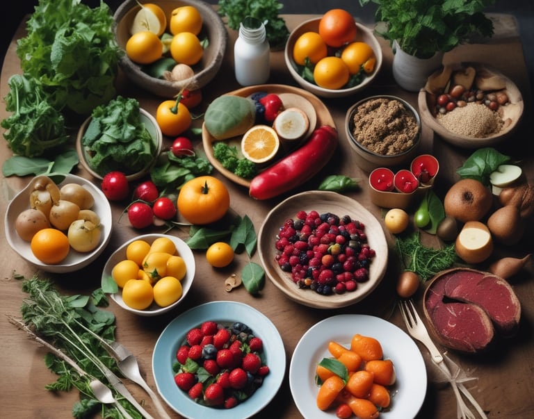 a table with bowls of fruit and vegetables
