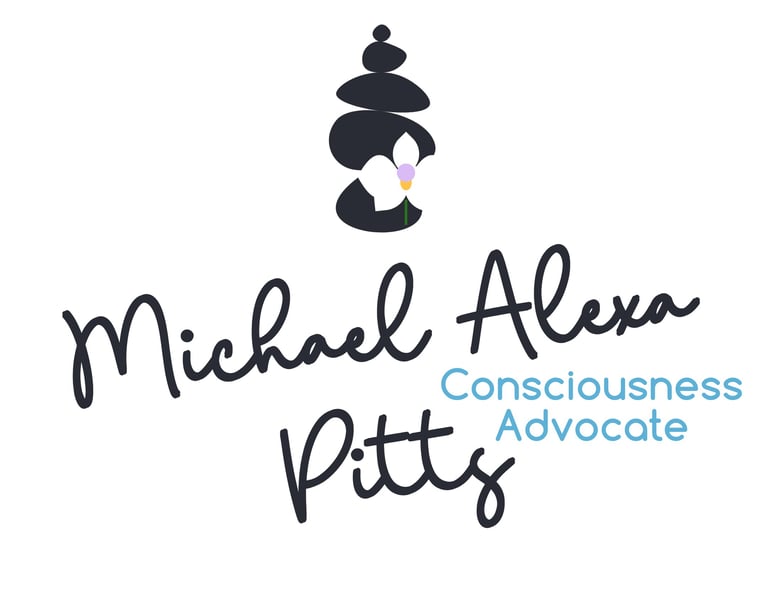 Brand art of Michael Alexa Pitts, in black cursive, Consciousness Advocate, skyblue print, a black rock cairn, a white orchid