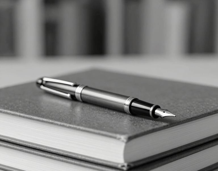 A minimalist, artistic shot of a classic fountain pen resting on a stack of academic journals. The background is a blurred library shelf. Subtle colors of #6C7A89 and #F8F8F8.