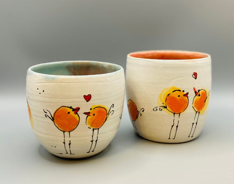 two cups of coffee with birds on them